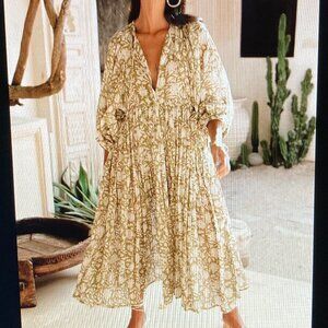 Daughters of India Olive Green Floral Midi Dress Women Size L